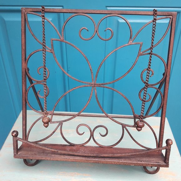 Metal Cook Book Display Stand Kickstand Page Holder Chain with Weights Vintage - Picture 3 of 12